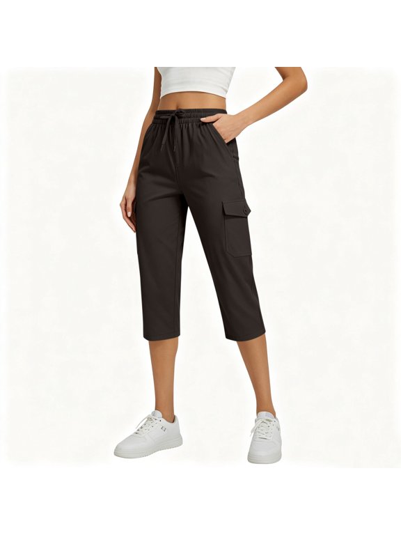 Womens Capri Pants Elastic Waist Casual Solid Capri Trousers with Pockets Cargo Cropped Pants Summer Loose Fit Beach Work Lounge Flowy Everyday Wear, Brown S