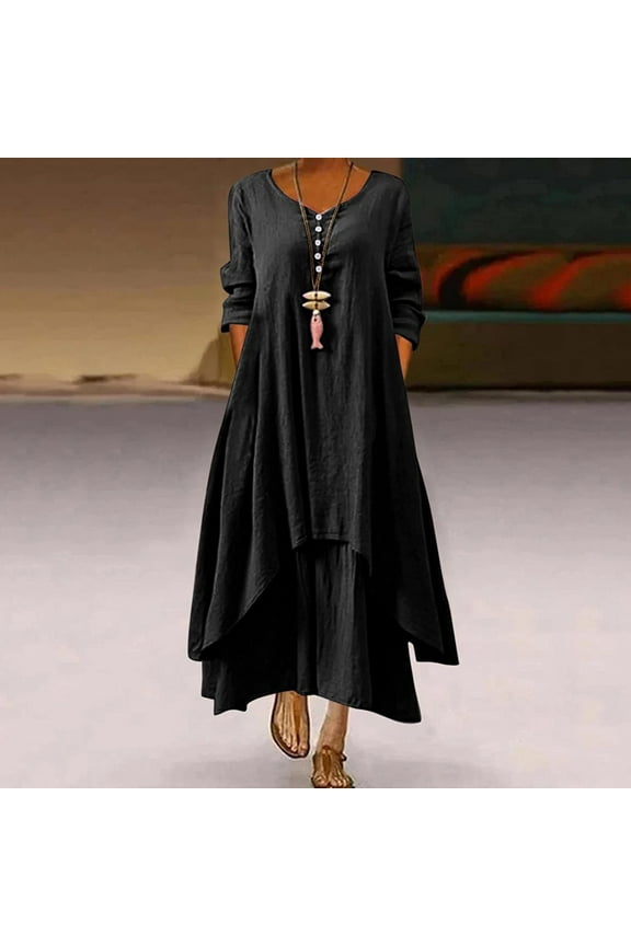 Womens Casual Loose Irregular Hem Flowy Cotton Linen Long Dress Under $10 Summer Half Sleeve Wedding Guest Dress Crewneck Button Maxi Sexy Black Church Dress