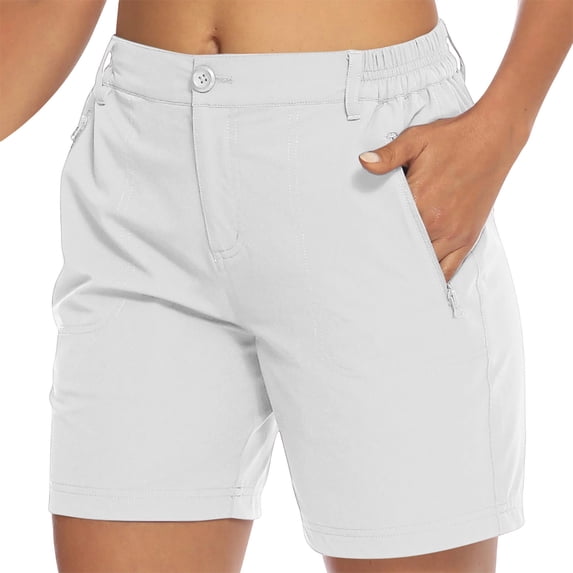 Cagogo Womens Casual Shorts with Pockets Elastic Waist High Rise Summer Beach Hiking Loose Fit Travel Short Pants Vacation Wear for Women, White S