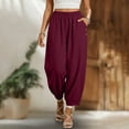 thumbnail image 1 of Cagogo Womens Cotton Linen Harem Pants Elastic Waist Flowy Casual Loose Ankle Trousers with Pockets Summer Beach Travel Yoga Lounge Fashion, Wine M, 1 of 5