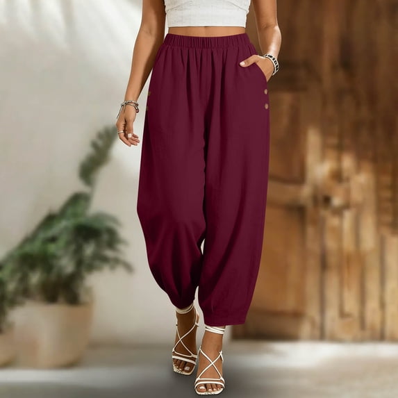 Cagogo Womens Cotton Linen Harem Pants Elastic Waist Flowy Casual Loose Ankle Trousers with Pockets Summer Beach Travel Yoga Lounge Fashion, Wine M