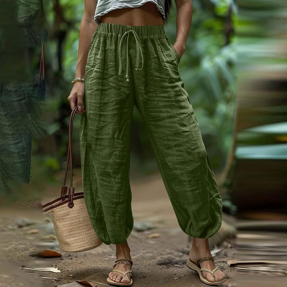 Cagogo Womens Cotton Linen Harem Pants Summer Loose Elastic Waist Flowy Casual Vacation Long Trousers Solid Palazzo Beach Lounge Yoga Drawstring, Army Green M