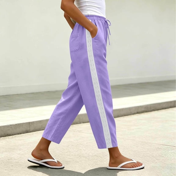 Cagogo Womens Cotton Linen Straight Pants with Pockets Elastic Waist Casual Solid Ankle Trousers Loose Fit Lounge Workout Beach Walk Summer Clothes, Purple M