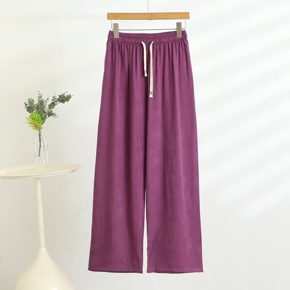 Cagogo Womens Drawstring Wide Leg Pants Plus Size Elastic Waist Loose Flowy Long Trousers Casual Beach Work Lounge Palazzo Pants, Purple 4XL