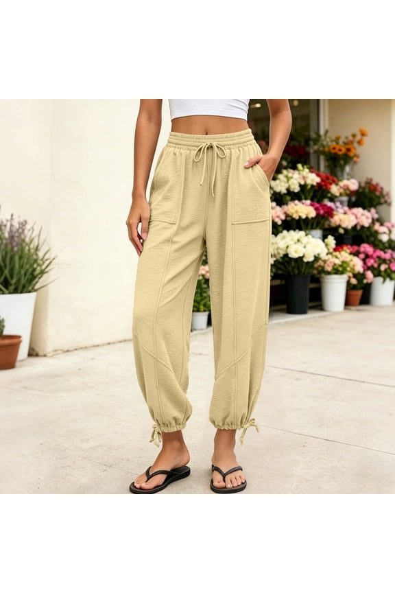 Womens Harem Elastic Waist Pants with Pockets Casual Loose Ankle Trousers Party Flowy Wide Leg Beach Palazzo Summer Lounge Pants, Khaki S