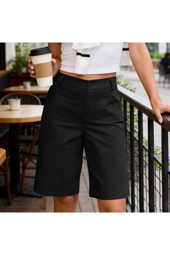 Womens High Waisted Bermuda Pants with Pockets Solid Regular Fit Shorts Casual Loose Summer Beach Work Lounge Trousers, Black S