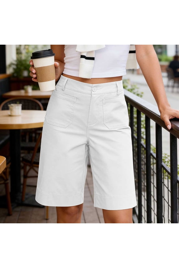 Womens High Waisted Bermuda Pants with Pockets Solid Regular Fit Shorts Casual Loose Summer Beach Work Lounge Trousers, White S