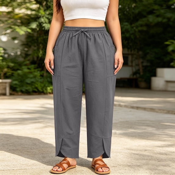 Cagogo Womens Plus Size Wide Leg Pants Elastic Waist Cotton Linen Loose Casual Long Trousers with Pockets Flowy Lounge Party Wear, Gray 4XL
