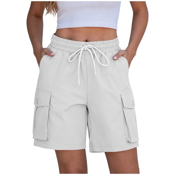 Cagogo Womens Shorts Elastic Waist Flowy Casual Loose Fit Solid Basic Summer Vacation Beach Hiking Shorts with Pockets, White XL
