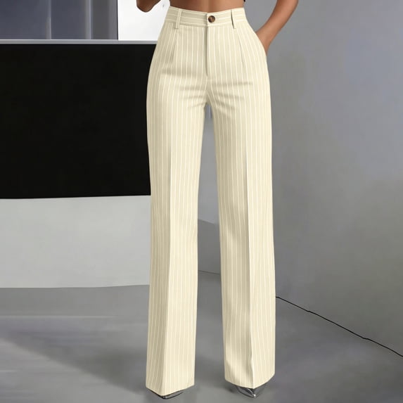 Cagogo Womens Striped Wide Leg High Waisted Pants with Pockets Elegant Office Work Trousers Long Casual Flowy Palazzo Pants for Beach Travel Lounge, Beige S