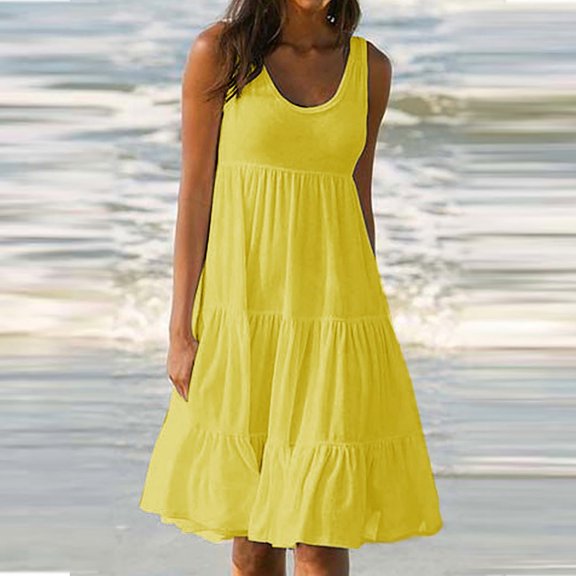 Cagogo Womens Summer Flowy Tiered Midi Sundresses Under $5 Casual Loose Sleeveless Tank Crewneck Party Dresses Aline Swing Elegant Black Dresses Clothes Birthday Gift