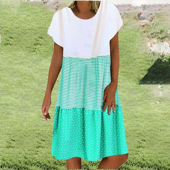 Cagogo Womens Summer Spring Casual Loose Flowy Swing Midi Shirt Sun Dresses Short Sleeve Color Block Tiered Graduation Dresses Crewneck Tshirt Going Out White Evening Dress