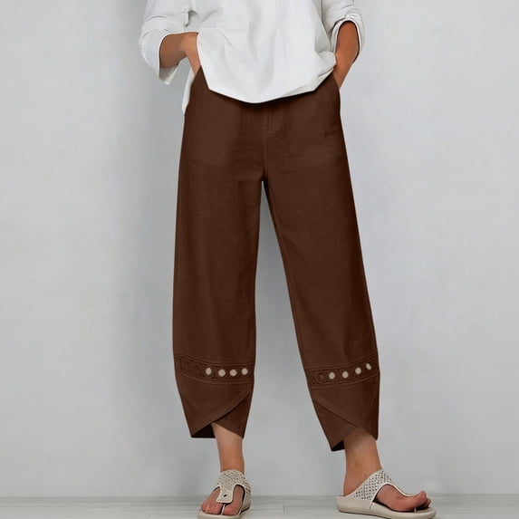 Cagogo Womens Wide Leg Capri Pants Summer Casual Elastic Waist High Waisted Flowy Cotton Linen Trousers for Beach Vacation Work Plus Size Pockets Boho Clothes, Brown M