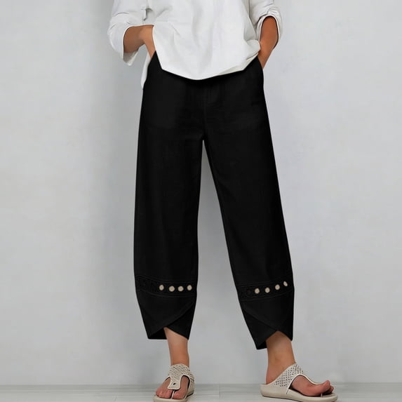 Cagogo Womens Wide Leg Capri Pants Summer Casual Elastic Waist High Waisted Flowy Cotton Linen Trousers for Beach Vacation Work Plus Size Pockets Boho Clothes, Black L