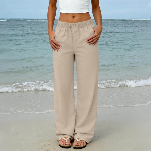 Cagogo Womens Wide Leg Pants with Pockets Casual Loose Long Trousers High Waisted Elastic Waist Palazzo Pants for Beach Work Lounge Travel Fashion Clothes, Beige S