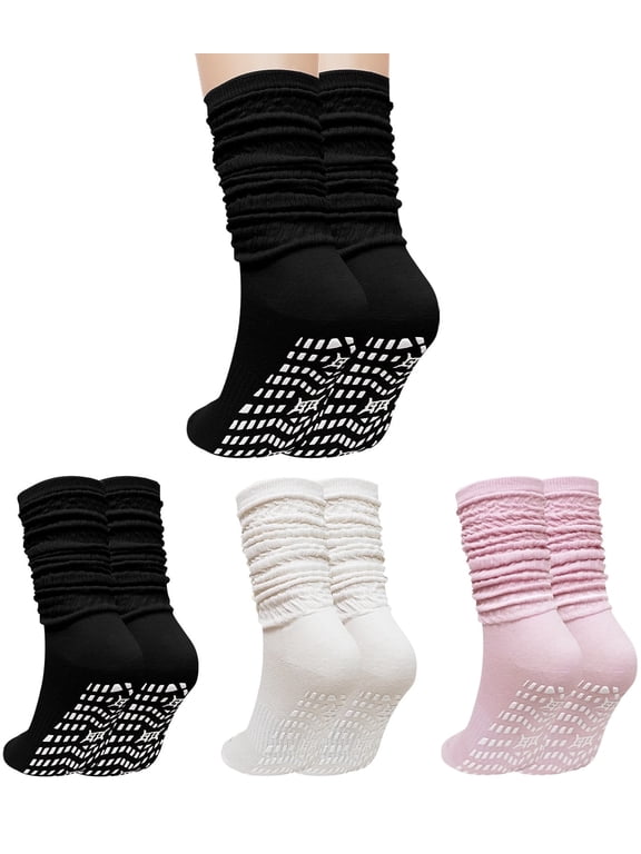 Slouch Socks Women, CaiDieNu Non Slip Long Scrunch Slipper Socks, 3 Pairs Cotton Grip Socks Pilates for Yoga Barre Workout & Fitness