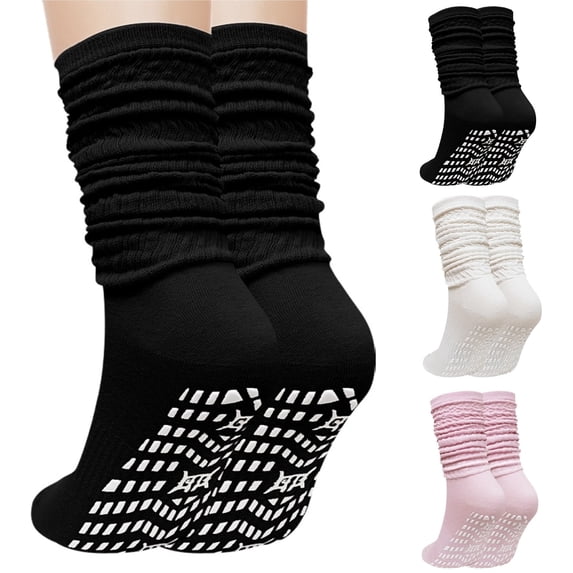 Slouch Socks with Grip, CaiDieNu 3 Pairs Pilate Socks, Non Slip Socks - Cotton Scrunch Grip Socks Pilates for Yoga Barre Workout & Fitness