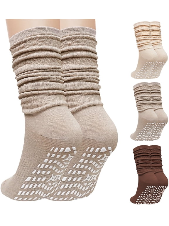 Slouch Socks with Grip, CaiDieNu 3 Pairs Pilate Socks, Non Slip Socks - Cotton Scrunch Grip Socks Pilates for Yoga Barre Workout & Fitness