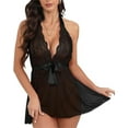 thumbnail image 1 of CaiDieNu Lingerie for Women Lace Chemise Halter V Sexy Sleepwear with Garter Belt with Thong, Black L, 1 of 7