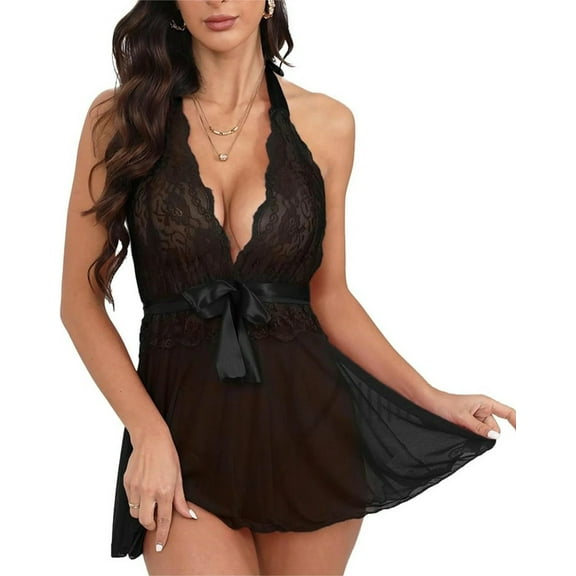 CaiDieNu Lingerie for Women Lace Chemise Halter V Sexy Sleepwear with Garter Belt with Thong, Black M