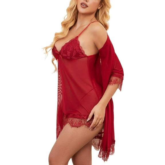 Lingerie for Women, CaiDieNu Women Sexy Lingerie, Womens Lingerie Set with Robe, 3 Piece Lace Lingerie V-Neck Lingerie - Rad XL