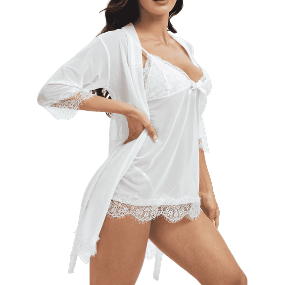 Lingerie for Women, CaiDieNu Women Sexy Lingerie, Womens Lingerie Set with Robe, 3 Piece Lace Lingerie V-Neck Lingerie - White XL