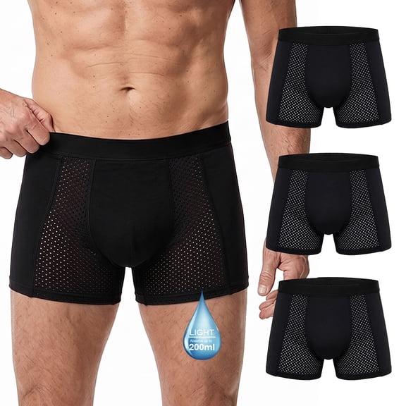 CaiDieNu Mens Incontinence Underwear, Washable Reusable Leak Protection Boxer Briefs, 200 mL Absorbency Breathable Mesh, 3 Pack Black