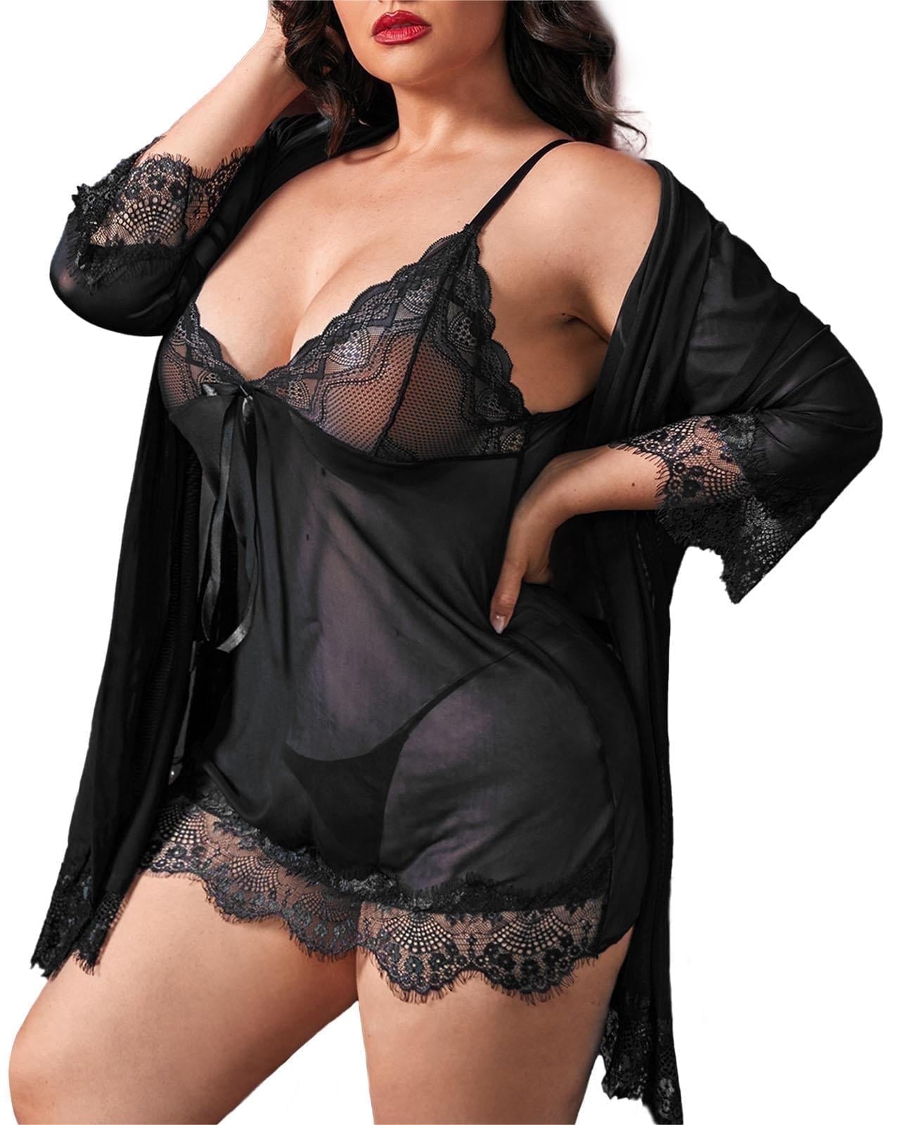 Customer reviews for Plus Size Sexy Lingerie, CaiDieNu Lingerie for Women,  3-Piece Women Lingerie Sexy Lace Nightgowns with Robe & Thong - Black