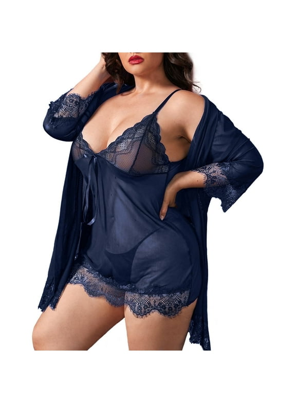 Plus Size Sexy Lingerie, CaiDieNu Lingerie for Women, 3-Piece Women Lingerie Sexy Lace Nightgowns with Robe & Thong - Navy Blue