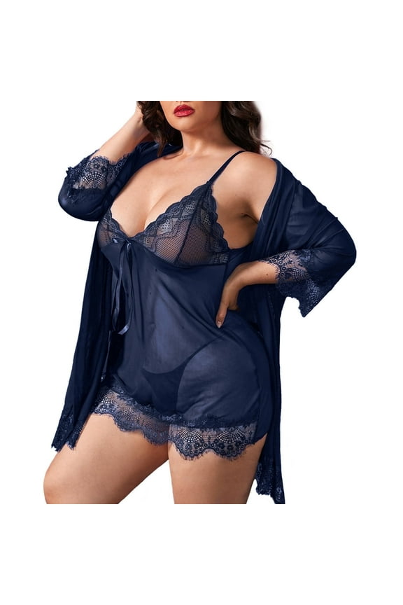 Plus Size Sexy Lingerie, CaiDieNu Lingerie for Women, 3-Piece Women Lingerie Sexy Lace Nightgowns with Robe & Thong - Navy Blue