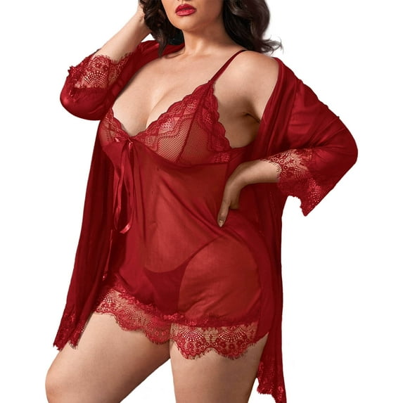 Plus Size Sexy Lingerie, CaiDieNu Lingerie for Women, 3-Piece Women Lingerie Sexy Lace Nightgowns with Robe & Thong - Wine Red 4XL