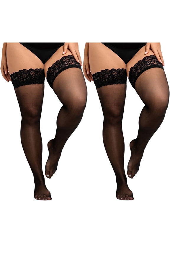 Thigh High Stockings Plus Size, CaiDieNu 30D Stockings for Women Anti-Snag Lace Top Stay Up, 2-Pack, Black