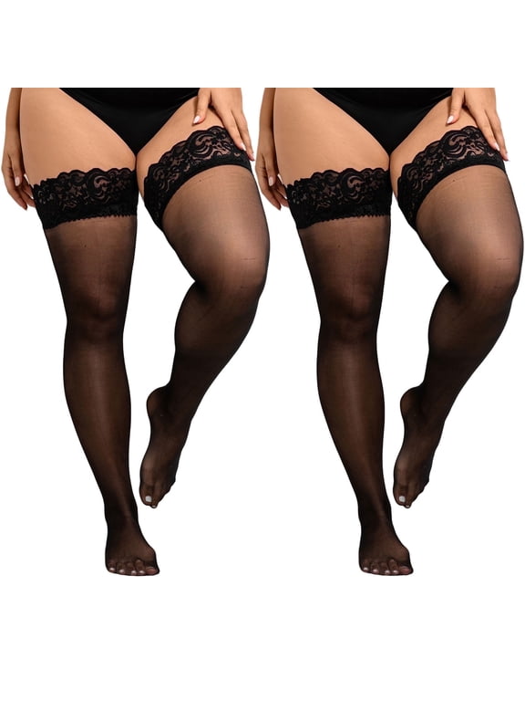 Thigh High Stockings Plus Size, CaiDieNu 30D Stockings for Women Anti-Snag Lace Top Stay Up, 2-Pack, Black