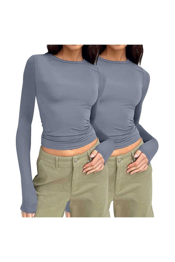 2 Pack Women's Fall Long Sleeve Tight T Shirts Y2k Crew Neck Slim Fit Going Out Crop Tops Sexy Basic Tee