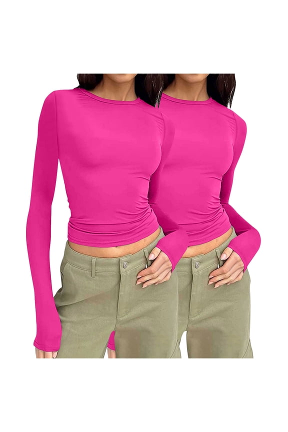 2 Pack Women's Fall Long Sleeve Tight T Shirts Y2k Crew Neck Slim Fit Going Out Crop Tops Sexy Basic Tee