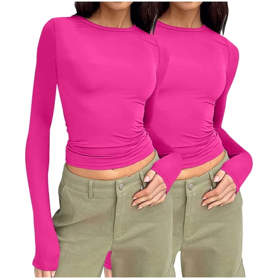 CaiJunJia 2 Pack Women's Fall Long Sleeve Tight T Shirts Y2k Crew Neck Slim Fit Going Out Crop Tops Sexy Basic Tee