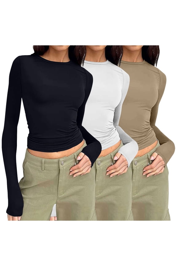 3 Pack Womens Long Sleeve Shirts Basic Spring Crop Tops Fall Fashion Layering Slim Fitted Y2k Tops