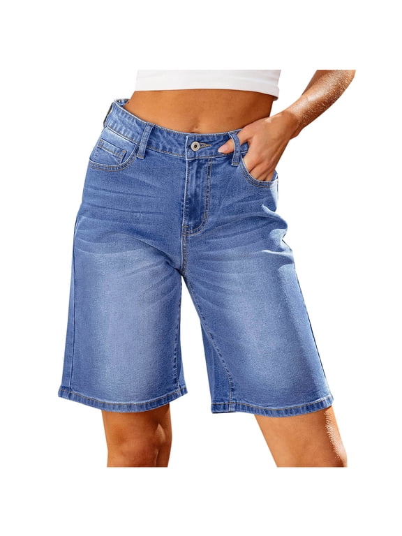 Bermuda Jean Shorts for Women High Waisted Trendy Stretchy Denim Shorts Knee Length Cutoff Loose Fit Long Shorts