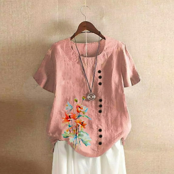 CaiJunJia No Boundaries T Shirts for Women,Cotton Linen Tops for Women Trendy Summer Casual Short Sleeve Basic Textured Flower Round Neck T Shirts Blouse