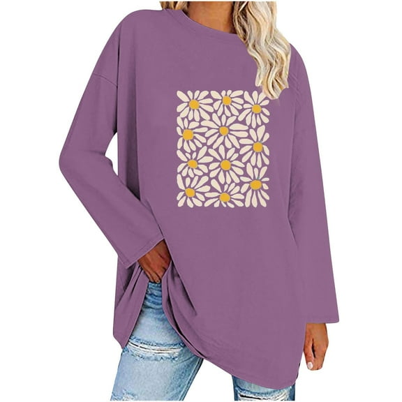 CaiJunJia Long Sleeve Tops,Women's Long Sleeve Shirts Floral Graphic Tops Causal Fashion Round Neck Basic Tee, Fall Winter Clothes