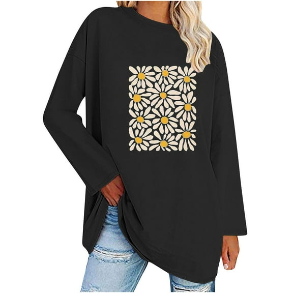 CaiJunJia Long Sleeve Tops,Women's Long Sleeve Shirts Floral Graphic Tops Causal Fashion Round Neck Basic Tee, Fall Winter Clothes