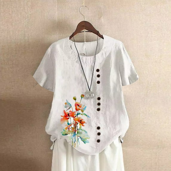 CaiJunJia T Shirts for Women,Cotton Linen Tops for Women Trendy Summer Casual Short Sleeve Basic Textured Flower Round Neck T Shirts Blouse