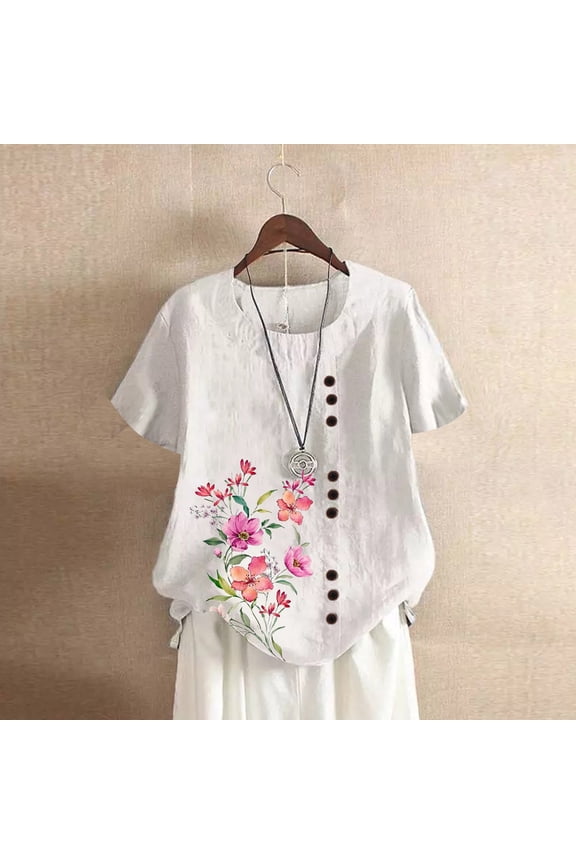 T Shirts for Women,Women's Linen Shirts Short Sleeve Cotton Flower Blouses Casual Loose Round Collar Solid Boxy Tunics Top