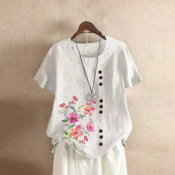 CaiJunJia T Shirts for Women,Women's Linen Shirts Short Sleeve Cotton Flower Blouses Casual Loose Round Collar Solid Boxy Tunics Top