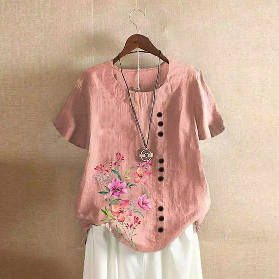 CaiJunJia T Shirts for Women,Women's Linen Shirts Short Sleeve Cotton Flower Blouses Casual Loose Round Collar Solid Boxy Tunics Top