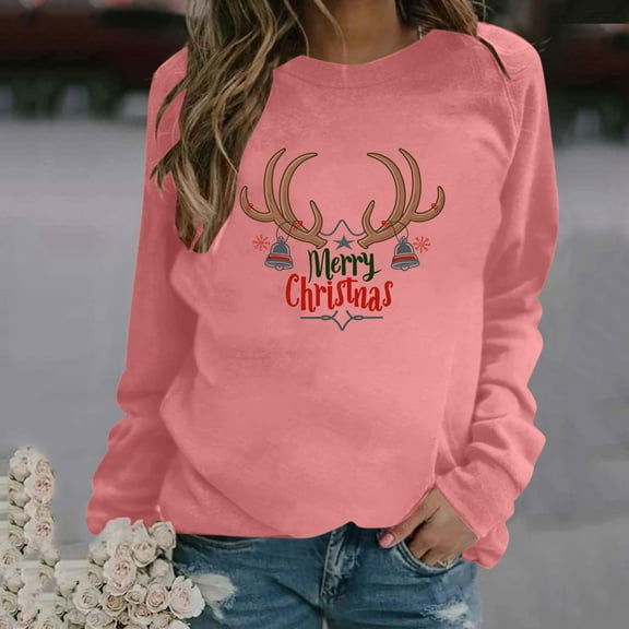 CaiJunJia Christmas Sweatshirt Womens 80s Vintage Minimalistic Printed Long Sleeves Sweatshirt Pullovers Tops