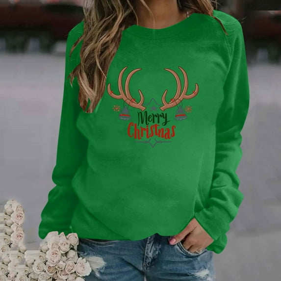 CaiJunJia Christmas Sweatshirt Womens 80s Vintage Minimalistic Printed Long Sleeves Sweatshirt Pullovers Tops