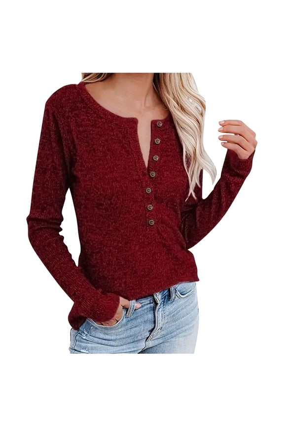 Long Sleeve Tops,Women's Knitted Long Sleeve Henley Tops Pullover with Buttons Down Casual Loose Fit V-Neck Tunics