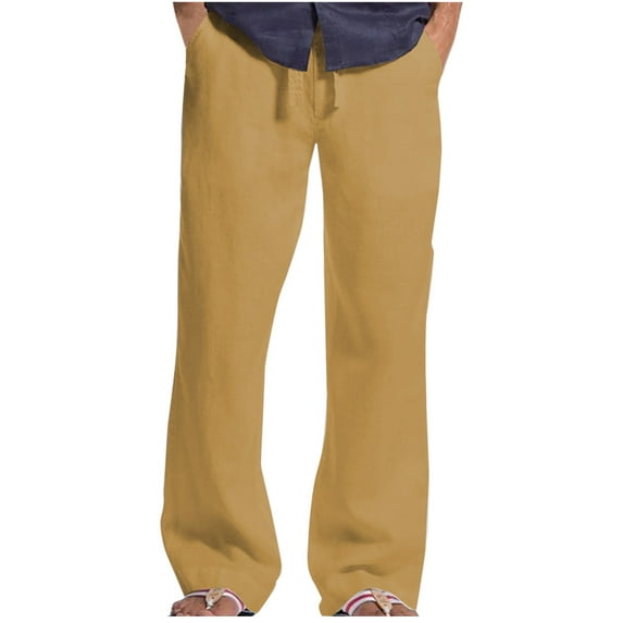 CaiJunJia Men's Casual Cotton Pants Elastic Waist Drawstring Beach Summer Pants Lightweight Linen Trousers