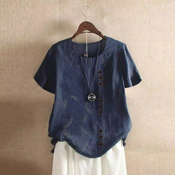 CaiJunJia T Shirts for Women,Cotton Linen Tops Causal Summer Short Sleeve Oversized T Shirts Crew Neck Loose Blouses